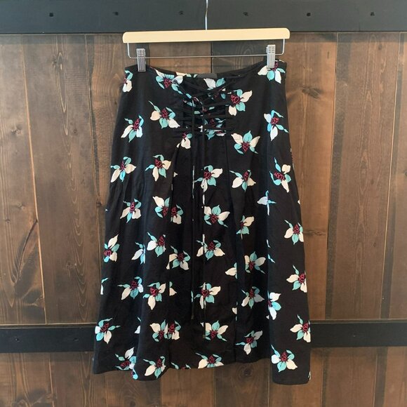 Anthropologie Women's Maeve Lace-Up Floral Print A Line Black Midi Skirt Size 8 - Picture 1 of 8